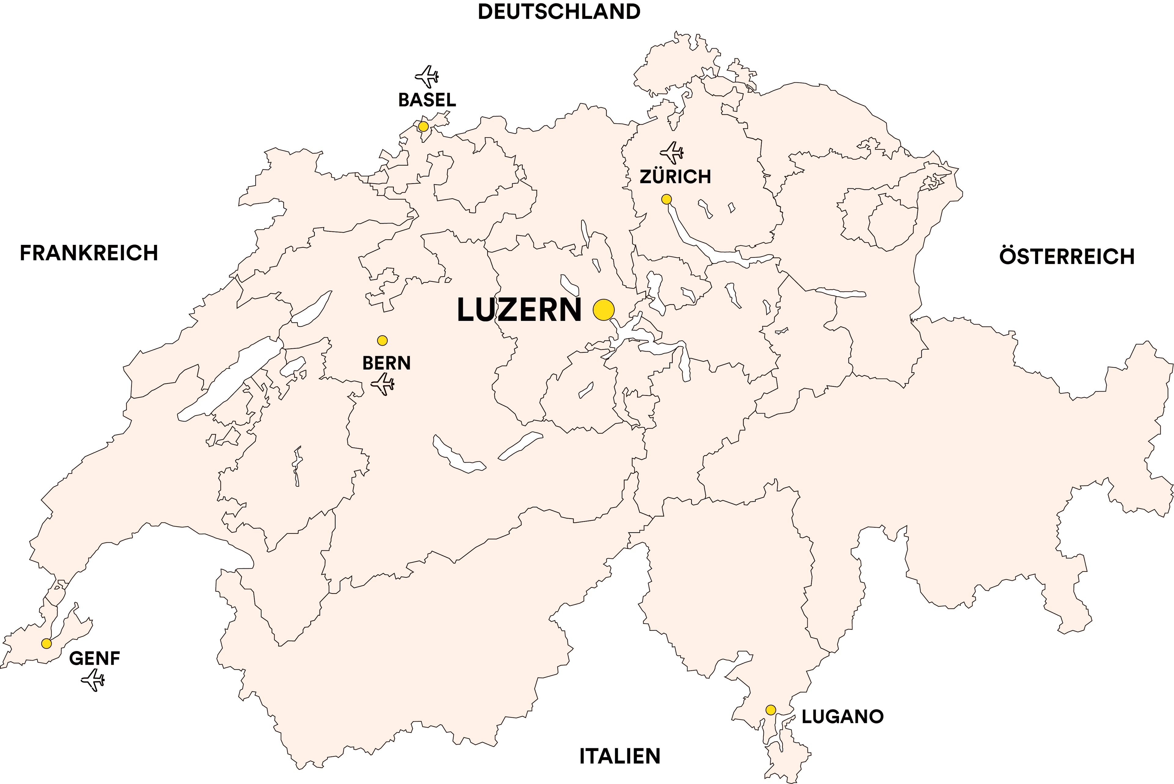 Map of Switzerland with City of Lucerne and airport cities and neighboring countries of Switzerland. Map of Switzerland with City of Lucerne and airport cities and neighboring countries of Switzerland.